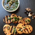 Roasted Sweet Potatoes with Parsley, mint and roasted garlic Dip