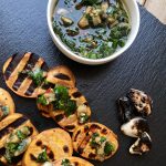 Roasted Sweet Potatoes with Parsley, mint and roasted garlic Dip